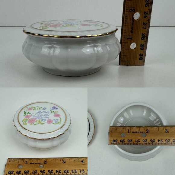 Vtg Mother is another word for love Round Trinket Dish w Lid Gold Accents w Box - Picture 3 of 11